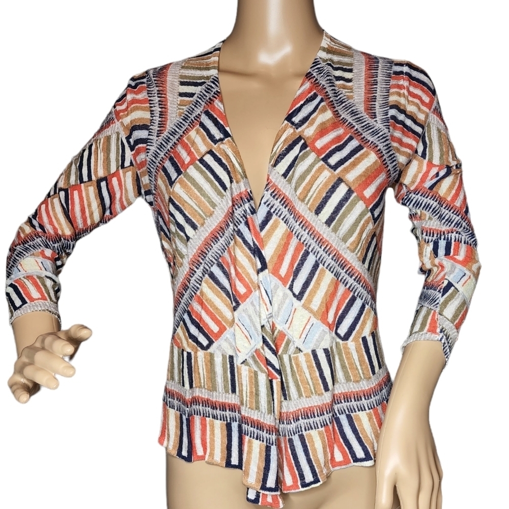 NIC+ZOE Linen Blend Lightweight Knit Cardigan Open Drape Front Orange Blue XS